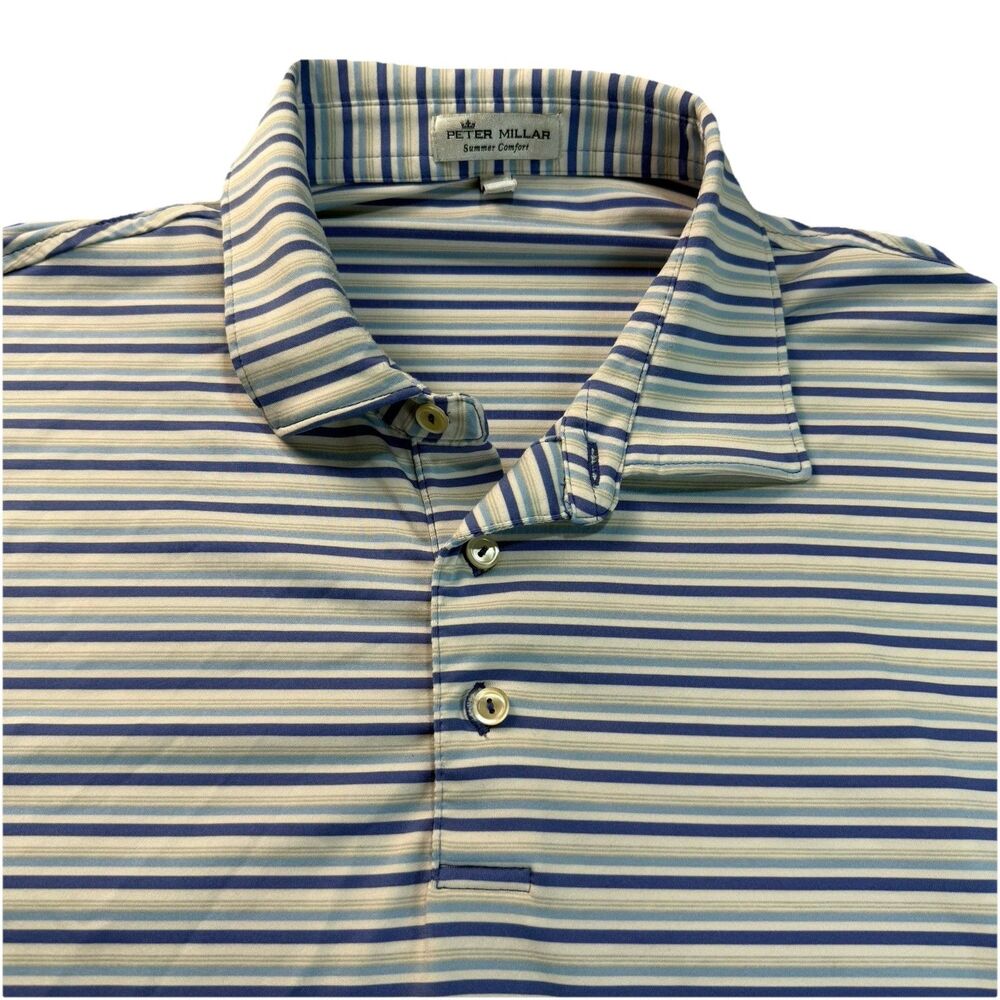 Peter Millar Summer Comfort Mens Polo Shirt Sz Large Blue Stripe